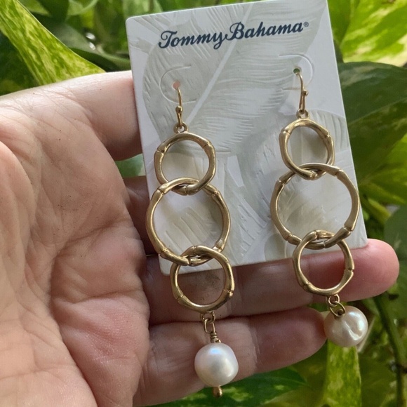 TOMMY BAHAMA EARRINGS NWT Gold BAMBOO LOOP⭐️GENUINE FRESHWATER PEARLS - PIERCED - Picture 7 of 10